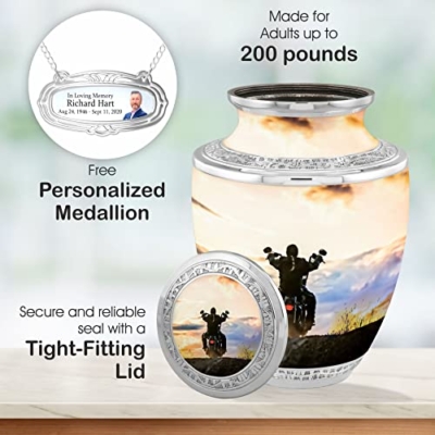 Silky Flower Store Biker Cremation Urn for Adult Ashes, Handcrafted Funeral Decorative Urn, Velvet Bag, 200 Cubic Inch Capacity 9 9 Product: Biker Cremation Urns for Adult Ashes Male Female - Handcrafted Funeral Decorative Urns for Ashes Adult Male with Velvet Bag (Escapade Rider Free Personalized Medallion)