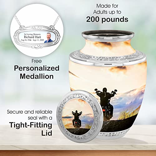 Silky Flower Store Biker Cremation Urn for Adult Ashes, Handcrafted Funeral Decorative Urn, Velvet Bag, 200 Cubic Inch Capacity 3 3 Product: Biker Cremation Urns for Adult Ashes Male Female - Handcrafted Funeral Decorative Urns for Ashes Adult Male with Velvet Bag (Escapade Rider Free Personalized Medallion)