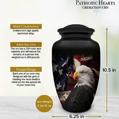 Product: Honorary Memorials Patriotic Hearts Eagle Urn for Human Ashes | American Flag Cremation Urn for Adults, Veteran, Medium Size, Handmade Funeral Urns with Velvet Bag