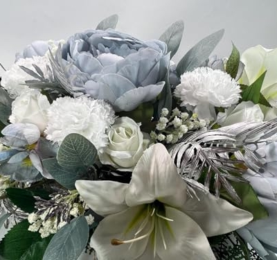 Silky Flower Store Artificial White Memorial Flowers, Blue Christmas Casket Spray, LianBangSeaHorse Silk Funeral Arrangement 20.5cm 7 7 Product: Elegant LianBangSeaHorse Artificial White Memorial Flowers - Blue Christmas Casket Spray for Grave & Outdoor Lawn Decor