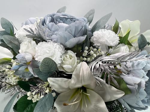 Silky Flower Store Artificial White Memorial Flowers Blue Christmas Casket Spray, Gravesite Tribute Floral Arrangement, UV Resistant 32.5cm 2 2 Product: Elegant Artificial White Memorial Flowers & Blue Christmas Casket Spray - Outdoor Funeral Decorations for Graves & Yards