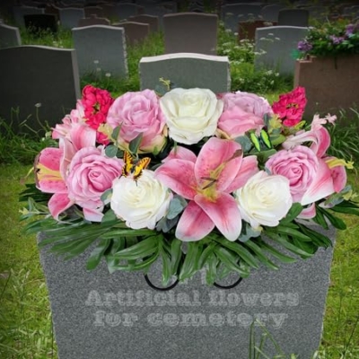 Product: HENOMO Cemetery Saddle Flower and Bouquets with Vases,Tombstone Floral Memorial Arrangement - Pink Lily and Rose,Graveside Decoration for Headstone
