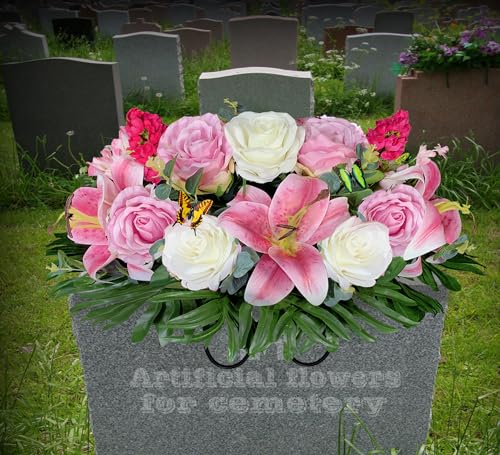 Product: HENOMO Cemetery Saddle Flower and Bouquets with Vases,Tombstone Floral Memorial Arrangement - Pink Lily and Rose,Graveside Decoration for Headstone