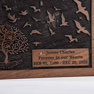 Product: INTAJ Cremation Urn for Human Ashes Adult Male Female - Tree of Life Wooden Box Urn for Ashes - Handmade Decorative Funeral Urn (Customised Tree Birds, L (9x6x5) 185 Cu/in)