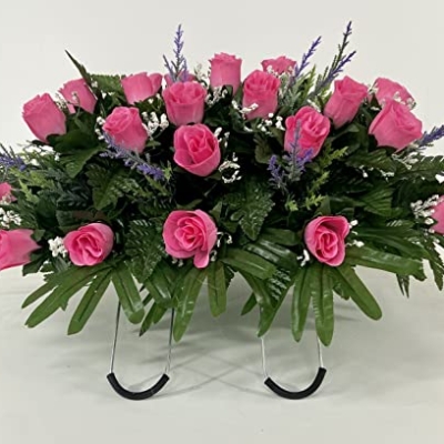 Product: Pink Rose Spring Cemetery Flowers for Headstone and Grave Decoration-Pink Rose with Purple Accent Mix Saddle