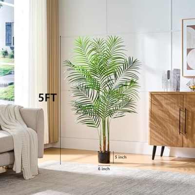 Silky Flower Store Artificial Fake Palm Tree, Real Bark Design, 13 Trunks, Black Pot, 5 FT 9 9 Product: Artificial Fake Palm Tree with 13 Trunks and Real Bark Design, Premium Polyester,Tropical Paradise Palm Tree in Pot (1, Black, 5 FT)
