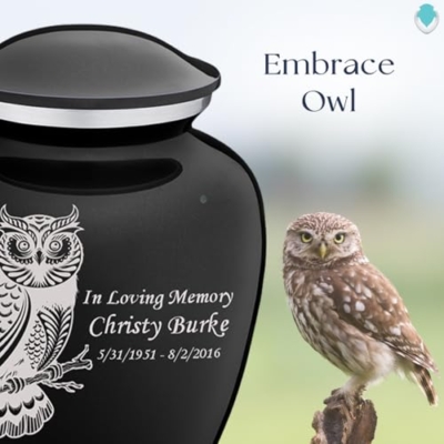 Product: Geturns Embrace Adult Personalized Owl Cremation Urns for Human Ashes I Large Black Funeral Urn for Men and Women I 200 lbs