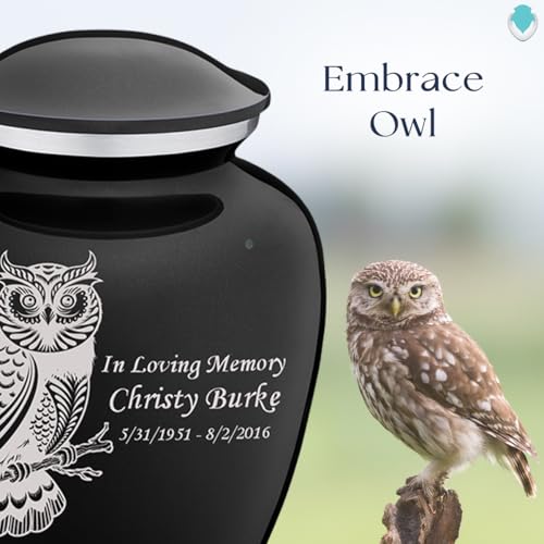 Product: Geturns Embrace Adult Personalized Owl Cremation Urns for Human Ashes I Large Black Funeral Urn for Men and Women I 200 lbs