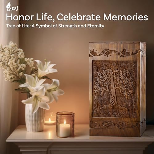 Silky Flower Store Handcarved Wooden Cremation Urn for Human Ashes, Tree of Life Memorial Urn, Adult Men Women, 250 lbs Capacity, 32.5cm 6 6 Product: INTAJ Handcarved Wooden Cremation Urn for Human Ashes - Tree of Life Design, 250 lbs Capacity, Suitable for Adult Men and Women - Decorative Funeral Urn Box and Casket