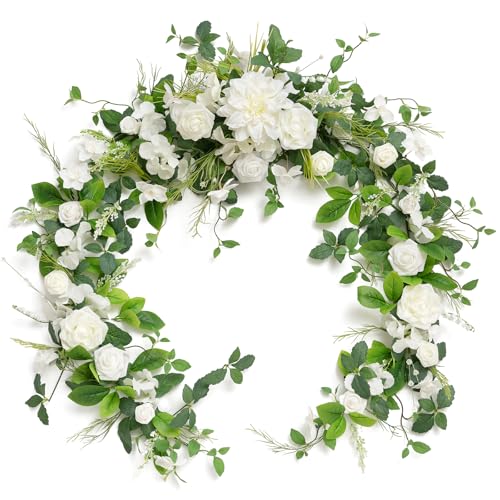 Ling's Moment Flower Garland - 6FT Eucalyptus & Rose - Sweetheart Table Decor for Wedding Reception, Artificial Floral Garland for Mantle, Spring, Christmas Decoration, White & Lily - Artificial Flower Arrangements Product: Ling's Moment Flower Garland - 6FT Eucalyptus & Rose - Sweetheart Table Decor for Wedding Reception, Artificial Floral Garland for Mantle, Spring, Christmas Decoration, White & Lily
