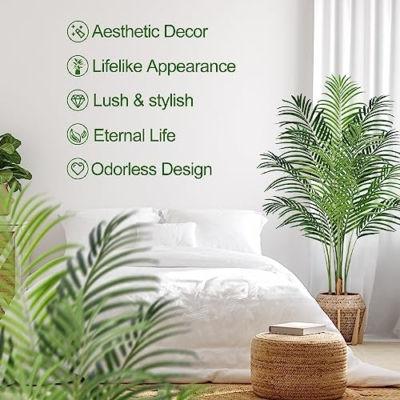 Product: Keeplush 5ft Artificial Palm Tree Indoor Plant Tall Fake Tropical Paradise Palm Tree in Pot with Real Bark Design Faux Areca Palm Tree for Home Office Living Room Bedroom Farmhouse Modern Decor 2pcs