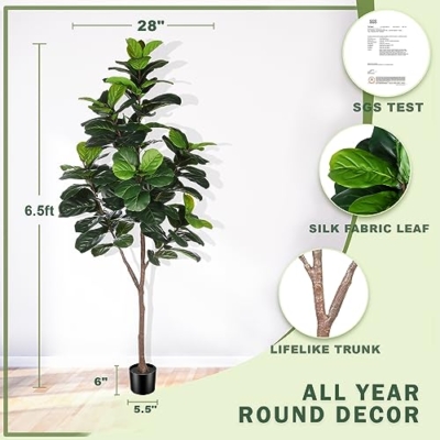 Product: LYERSE Artificial Fiddle Leaf Fig Tree - 6.5ft Faux Ficus Lyrata Plant with 108 Fiddle Leaves Fake Fig Silk Tree in Pot Artificial Tree for Indoor Outdoor Home Office Perfect Housewarming