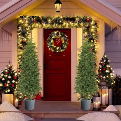 Product: Gonuien Artificial Topiary Tree 3.2FT(39") Outdoor Evergreens in Outdoor Artificial Shrub Potted Plant Plant for Indoor Porch of Home and Office 2 Pieces a Set Topiary Trees Faux Boxwood