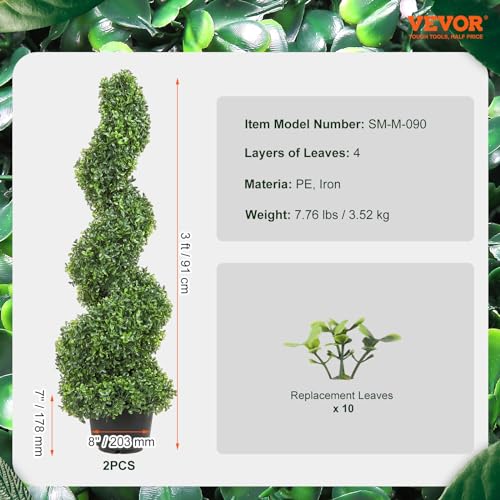 Product: VEVOR Artificial Boxwood Spiral Topiary Trees, 3ft Tall (2 Pieces) Faux Plant Outdoor, All-Year Green Fake Plant with Replaceable Leaves for Decorative/Indoor/Porch/Garden