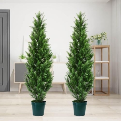 Product: COMUSTER 4FT Artificial Cedar Topiary Trees for Outdoors Potted Fake Cypress Trees Faux Evergreen Plants for Home Porch Decor Set of 2