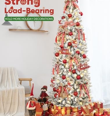 Silky Flower Store Slim Flocked Prelit Christmas Tree, 1200 Branch Tips, Warm White LED Lights, 7.5ft 9 9 Product: 7.5ft Slim Flocked Prelit Christmas Tree with 1200 Realistic Branch Tips - Easy Set-Up Artificial Pencil Tree
