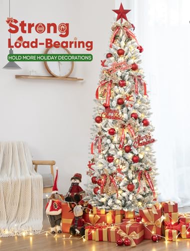 Silky Flower Store Slim Flocked Prelit Christmas Tree, 1200 Branch Tips, Warm White LED Lights, 7.5ft 1 1 Product: 7.5ft Slim Flocked Prelit Christmas Tree with 1200 Realistic Branch Tips - Easy Set-Up Artificial Pencil Tree