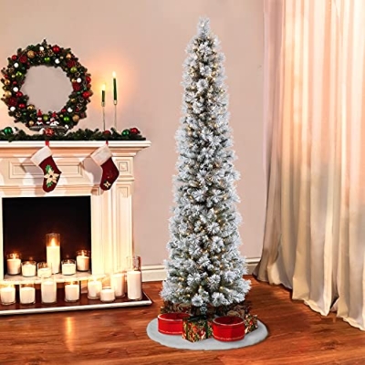 Silky Flower Store Pre-Lit Flocked Portland Pine Pencil Artificial Christmas Tree, 300 UL-Listed Clear Lights, 6.5 Foot 9 9 Product: Puleo International 6.5 Foot Pre-Lit Flocked Portland Pine Pencil Artificial Christmas Tree with 300 UL-Listed Clear Lights