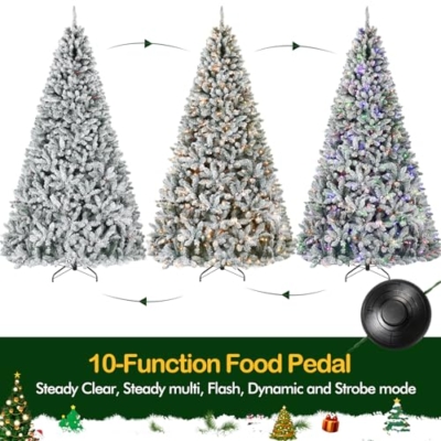 Product: Hykolity 7.5ft Prelit Snow Flocked Christmas Tree, Artificial Christmas Pine Tree with 450 Multicolor LED Lights, 1446 Tips, Metal Stand and Hinged Branches, 10 Colors