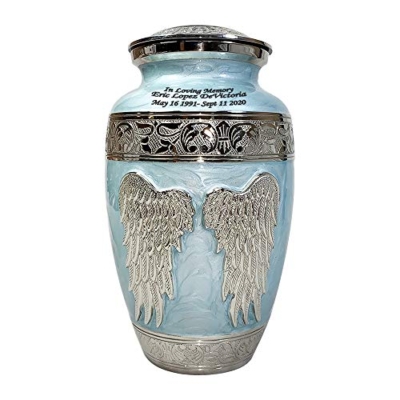 Product: Blue Angel Funeral Cremation Urn, Brass Large Angel Wings Urn with Custom Engraving