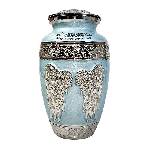 Product: Blue Angel Funeral Cremation Urn, Brass Large Angel Wings Urn with Custom Engraving