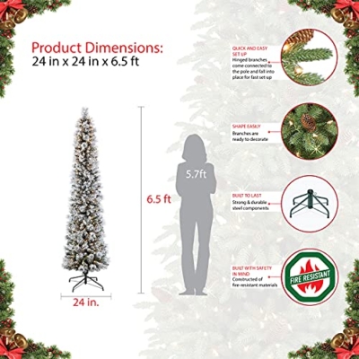 Silky Flower Store Pre-Lit Flocked Portland Pine Pencil Artificial Christmas Tree, 300 UL-Listed Clear Lights, 6.5 Foot 12 12 Product: Puleo International 6.5 Foot Pre-Lit Flocked Portland Pine Pencil Artificial Christmas Tree with 300 UL-Listed Clear Lights