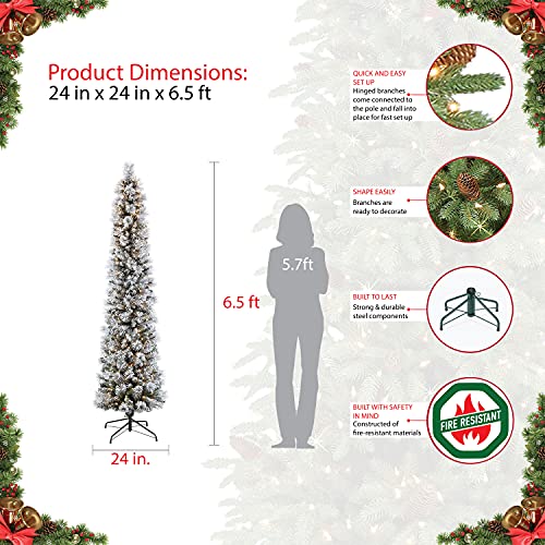 Silky Flower Store Pre-Lit Flocked Portland Pine Pencil Artificial Christmas Tree, 300 UL-Listed Clear Lights, 6.5 Foot 5 5 Product: Puleo International 6.5 Foot Pre-Lit Flocked Portland Pine Pencil Artificial Christmas Tree with 300 UL-Listed Clear Lights