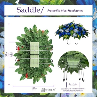 Silky Flower Store Sympathy Silks Artificial Cemetery Flowers, Blue Roses and Hydrangeas Headstone Saddle, 30 Headstone Flower Saddle 30cm 13 13 Product: Sympathy Silks 30" Headstone Flower Saddle Artificial Cemetery Flowers - Gravesite Flowers - Blue Roses and Hydrangeas
