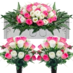 Product: XunYee 3 Pcs Artificial Cemetery Flower Set Cemetery Flowers Saddle Flowers Rose Bouquets with Vase 1 Saddle and 2 Memorial Bouquets for Outdoor Headstone Decor Grave(Pink, White)
