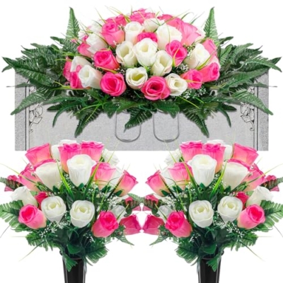 Product: XunYee 3 Pcs Artificial Cemetery Flower Set Cemetery Flowers Saddle Flowers Rose Bouquets with Vase 1 Saddle and 2 Memorial Bouquets for Outdoor Headstone Decor Grave(Pink, White)