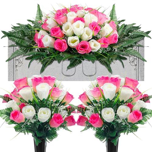 Product: XunYee 3 Pcs Artificial Cemetery Flower Set Cemetery Flowers Saddle Flowers Rose Bouquets with Vase 1 Saddle and 2 Memorial Bouquets for Outdoor Headstone Decor Grave(Pink, White)