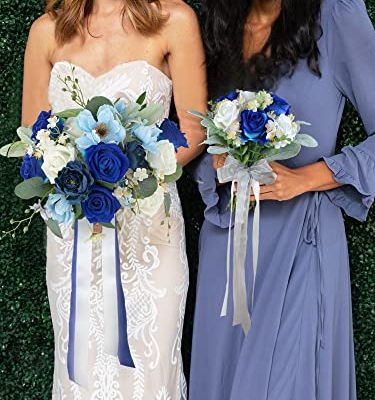 Silky Flower Store Blue Artificial Wedding Bouquet, Royal Navy Silk Bridesmaid Bouquet, Winter Sapphire Floral Arrangement, 32.5cm 11 11 Product: Rinlong Set of 2 Blue Wedding Bouquet for Bridesmaid Artificial Winter Royal Navy Blue Silk Bridesmaids Bouquet Wedding Prom Night Bouquets