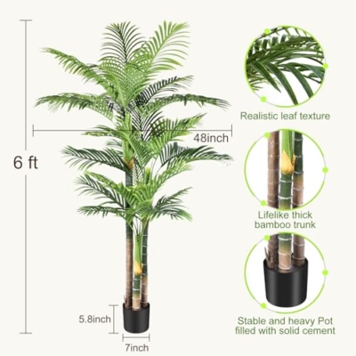 Product: 6ft Triple Golden Cane Palm Artificial Tree - UV Resistant Tropical Plant for Indoor & Outdoor Decor