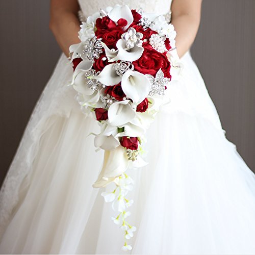 Silky Flower Store Bridal Bouquet Wedding Calla Lilies Rose Pearl Brooch Bouquet, Red, Handmade Faux Floral Arrangement 32.5cm 5 5 Product: IFFO Bridal Bouquets for Wedding, Calla Lilies Simulation Rose Diamonds Pearl Bride Wedding Bouquet, Romantic Wedding Party Decoration Confession (red)