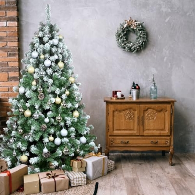 Silky Flower Store Snow Flocked Artificial Christmas Tree, Unlit Flocked Spruce with Pine Cones, 6ft 13 13 Product: Kadunmina 6ft Snow Flocked Artificial Christmas Tree Unlit Snowy Pine Tree for Home Office Holiday Indoor Outdoor Decoration Flocked Spruce Full Tree with 792 Branch Tips, Pine Cones, Metal Base