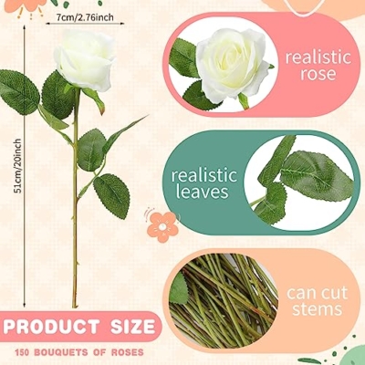 Silky Flower Store Artificial White Rose Flowers Bulk, Fake Silk Roses, 150 Pcs, Wedding Party Décor, 20in 7 7 Product: Tigeen 150 Pcs Artificial Rose Flowers Bulk, Fake Silk Roses Realistic Long Stem Flower Bouquets for Wedding Centerpieces Flower Arrangement Valentine's Day Home Party Decor(White)