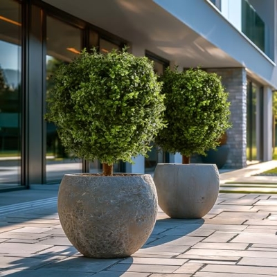 Product: FLORAMUSE Artificial Plants Indoor Outdoor - Set of 2 Topiary Boxwood Trees – 24” High Pre-Potted Faux Trees - Plant Decor for Front Porch Home Office - Topiary Ball