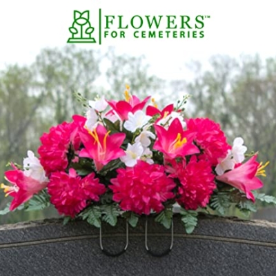 Silky Flower Store Artificial Cemetery Flowers, Pink Purple Dahlia Memorial Saddle for Headstone, Weatherproof Faux Grave Flowers 20.5cm 10 10 Product: Sympathy Silks Artificial Cemetery Flowers - Realistic - Outdoor Grave Decorations - Non-Bleed Colors, and Easy Fit - Pink Purple Dahlia Mix Saddle for Headstone