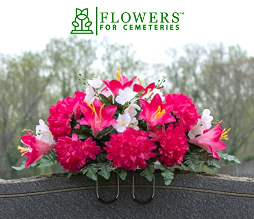 Silky Flower Store Artificial Cemetery Flowers, Pink Purple Dahlia Memorial Saddle for Headstone, Weatherproof Faux Grave Flowers 20.5cm 1 1 Product: Sympathy Silks Artificial Cemetery Flowers - Realistic - Outdoor Grave Decorations - Non-Bleed Colors, and Easy Fit - Pink Purple Dahlia Mix Saddle for Headstone