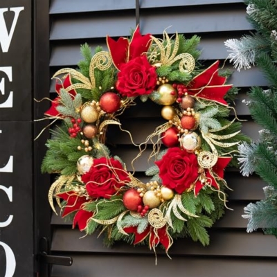 Silky Flower Store 24 Inch Christmas Wreath for Front Door, Outdoor Wreath with Lights, Pinecone, White Berries, Silver Ornaments, Yellow, 24in 10 10 Product: Christmas Wreath for Front Door–24Inch Outdoor Christmas Door Wreath with Lights,Xmas Wreath Classic Pinecone,White Berries and Silver Ornaments Design, Christmas Outdoor Wreath Decor (Yellow)