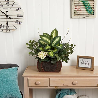 Product: Nearly Natural African Violet, Dieffenbachia & Ivy with Chest Silk Plant