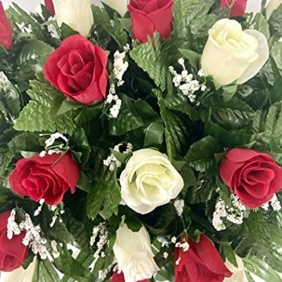 Product: Cemetery Headstone Saddle Flower Arrangement in Red and Cream Roses-Grave Marker Decoration, Sympathy Flowers