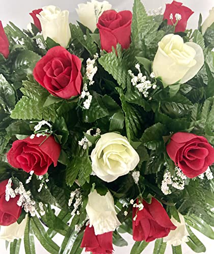 Product: Cemetery Headstone Saddle Flower Arrangement in Red and Cream Roses-Grave Marker Decoration, Sympathy Flowers