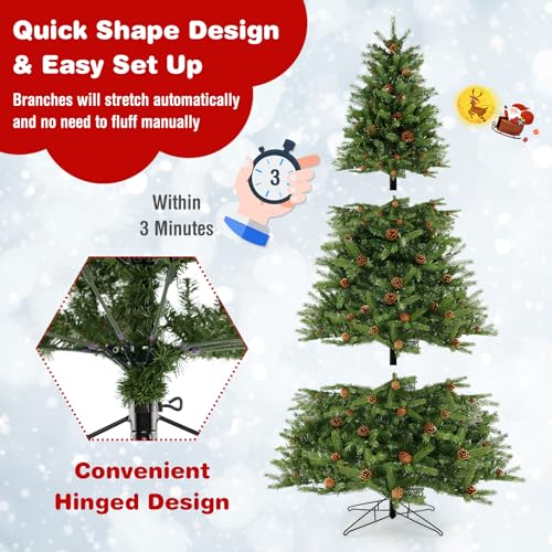 Product: GOFLAME 7FT Pre-Lit Christmas Tree - Quick Shape Artificial Xmas Tree with 700 LED Lights, Remote, Timer & Pine Cones for Holiday Home Office Decor