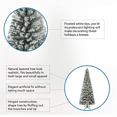Product: Naomi Home Salzburg 6.5ft Frosted Prelit Slim Artificial Christmas Tree with 864 Branch Tips, 250 Warm Lights and Metal Stand, 30" Wide Realistic Snow Flocked Skinny Pencil Christmas Tree
