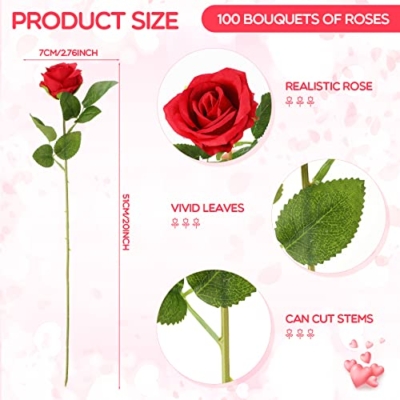 Silky Flower Store Artificial Roses, Long Stem Silk Flowers, Red, 100 Pieces, Faux Crimson Rose Bouquet, 20in 9 9 Product: Jexine 100 Pieces Artificial Roses Flowers Bulk, Long Stem Realistic Fake Silk Roses Bouquet for Table Centerpiece Vases Wedding Party Home Kitchen Decor (Red)