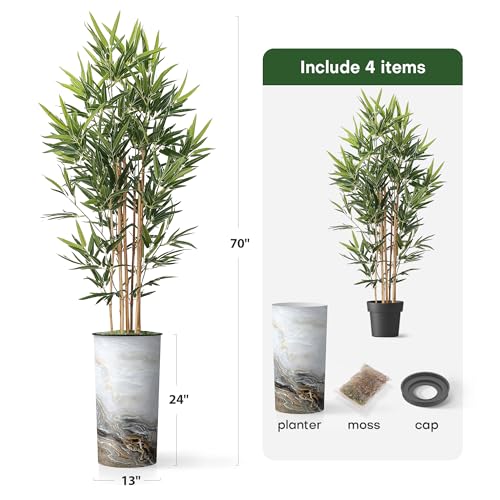 Product: Artificial Tree in Modern Granite Effect Planter, Fake Bamboo Silk Tree for Indoor and Outdoor Home Decoration - 70" Overall Tall (Plant Pot Plus Tree)