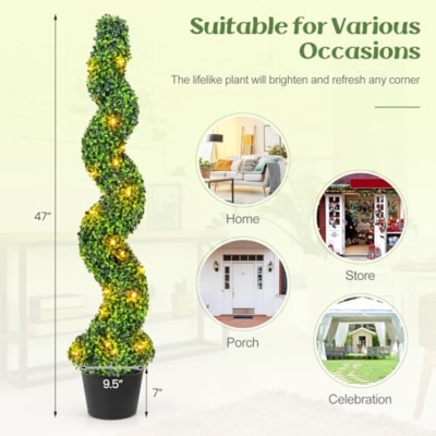 Product: Goplus 4FT Pre-Lit Artificial Spiral Boxwood Topiary Tree, 2 Pack 47” Tall Faux Potted Fake Greenery Plants w/ 100 LED Lights, Nursery Pot, Indoor Outdoor Home Front Porch Holiday Decoration
