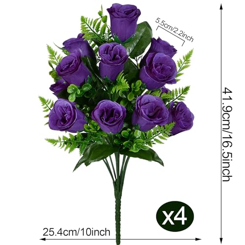 Product: SIFOEL Artificial Rose Flowers Bouquet Realistic Silk Rose Fake Flowers for Wedding Home Centerpiece Party Cemetery Grave Decoration (4, Purple)