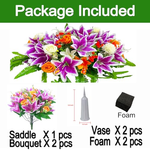 Product: FLOWERIA Large Purple-Orange Memorial Flowers for Cemetery - Artificial Sympathy Flower Saddle for Graveside Headstone